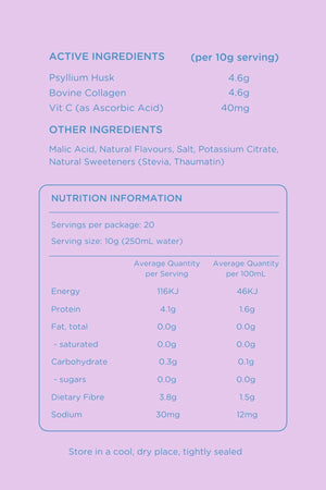 Nutritional information panel and ingredient list for Kiwi Berry Collagen Blend on a purple background