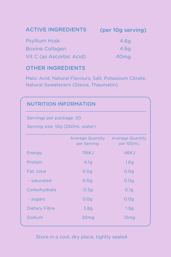 Nutritional information panel and ingredient list for Kiwi Berry Collagen Blend on a purple background