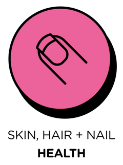 Benefits icon of a finger nail on a pink circle with 'Skin, Hair + Nail Health' text below.