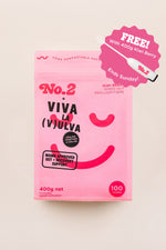 Pouch of Viva La Vulva x No2 400g Kiwi Berry product with Whizz promotional badge
