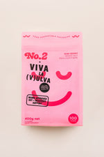 Pink packaging of No.2 x Viva La Vulva on a beige background